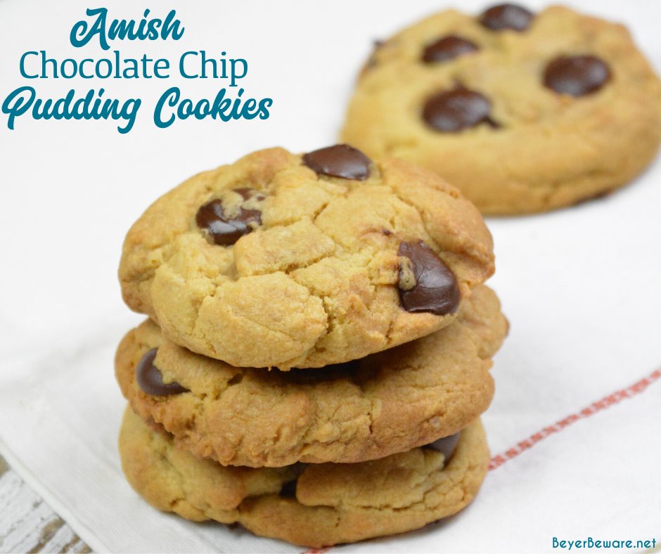 Amish chocolate chip pudding cookies combine traditional cookie ingredients with a unique combination of shortening, butter, and pudding to make these moist pudding cookies irresistible.