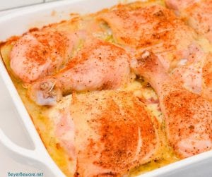 Easy chicken and rice is simple to put together right in the casserole dish you bake it in with two packages of Knorr's rice, cream of chicken soup, and bone-in chicken like legs and thighs.