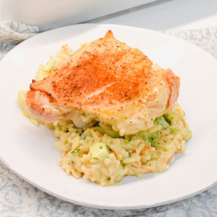 Easy chicken and rice is a simple chicken casserole recipe you bake with two packages of Knorr chicken rice, cream of chicken soup, and chicken.