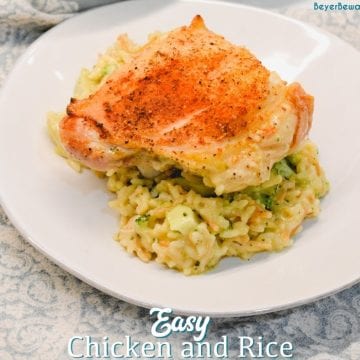 Easy chicken and rice is simple to put together right in the casserole dish you bake it in with two packages of Knorr's rice, cream of chicken soup, and bone-in chicken like legs and thighs.