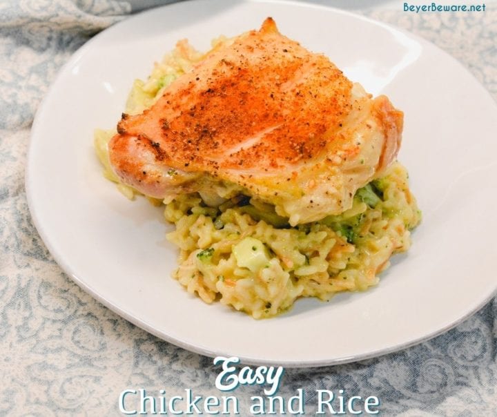 Easy chicken and rice is simple to put together right in the casserole dish you bake it in with two packages of Knorr's rice, cream of chicken soup, and bone-in chicken like legs and thighs.