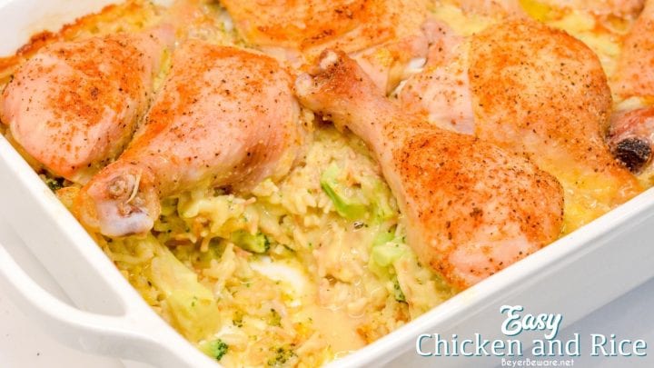 Easy chicken and rice is simple to put together right in the casserole dish you bake it in with two packages of Knorr's rice, cream of chicken soup, and bone-in chicken like legs and thighs.