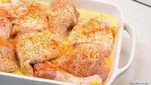 Easy chicken and rice is simple to put together right in the casserole dish you bake it in with two packages of Knorr's rice, cream of chicken soup, and bone-in chicken like legs and thighs.