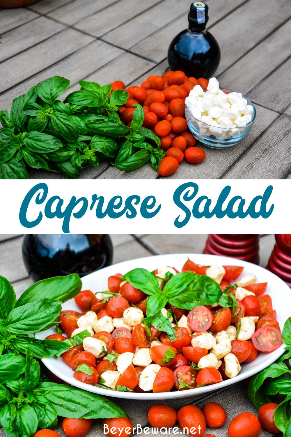 Caprese Salad is a simple fresh tomato salad recipe made with fresh tomatoes, basil, and mozzarella with balsamic vinegar and olive oil for a quick and easy side dish all summer long.