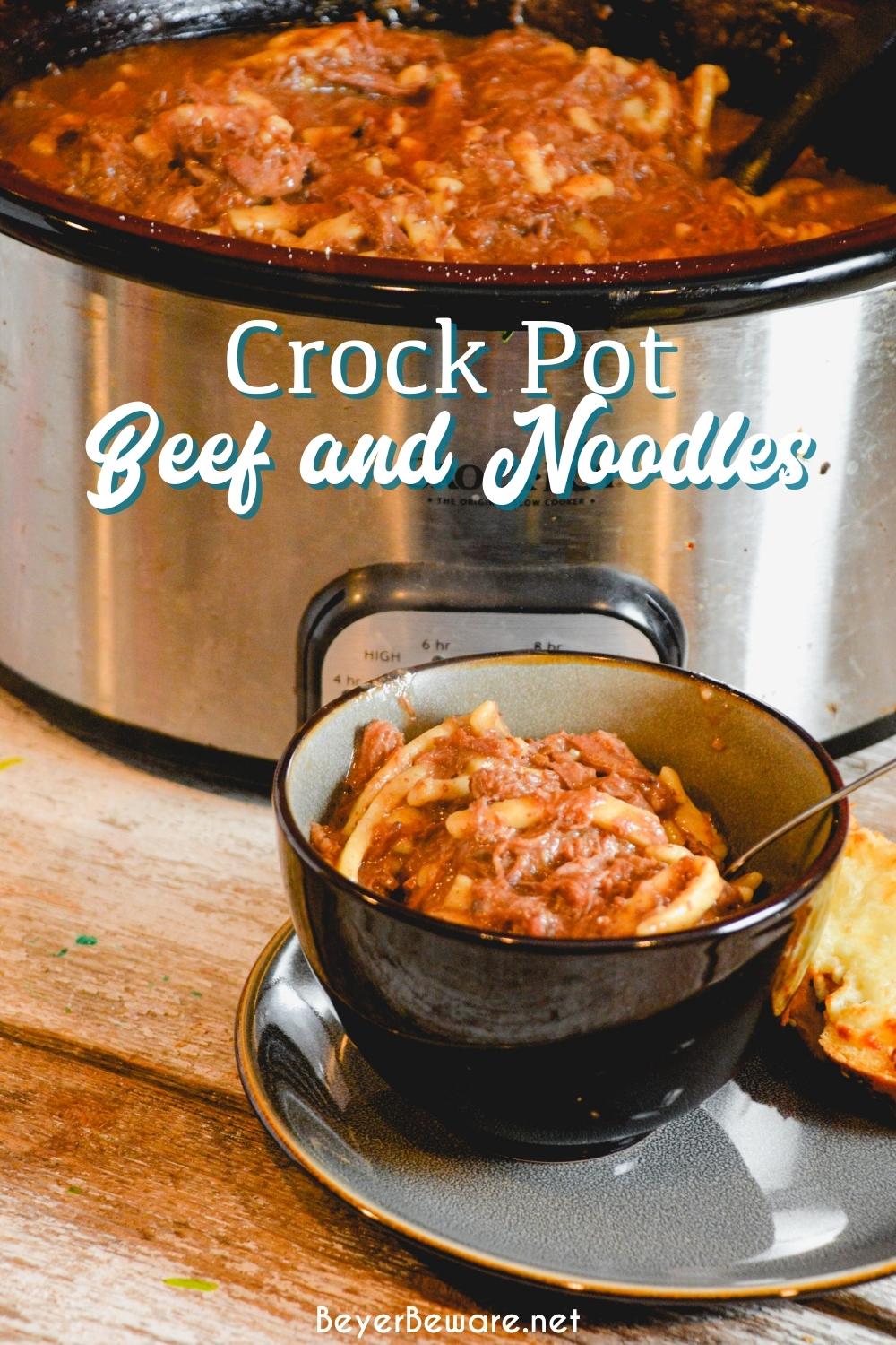 Crock pot beef and noodles made with an arm roast or rump roast and beer, cream of mushroom soup, onion soup mix, garlic, and egg noodles.