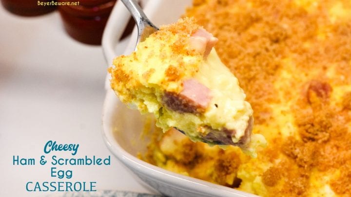 Cheesy ham and scrambled egg casserole recipe is a breadless egg and ham bake made the night before with scrambled eggs and a velvety cheese sauce and a bread crumb topping. This is a great recipe for Easter or Christmas Breakfast morning.