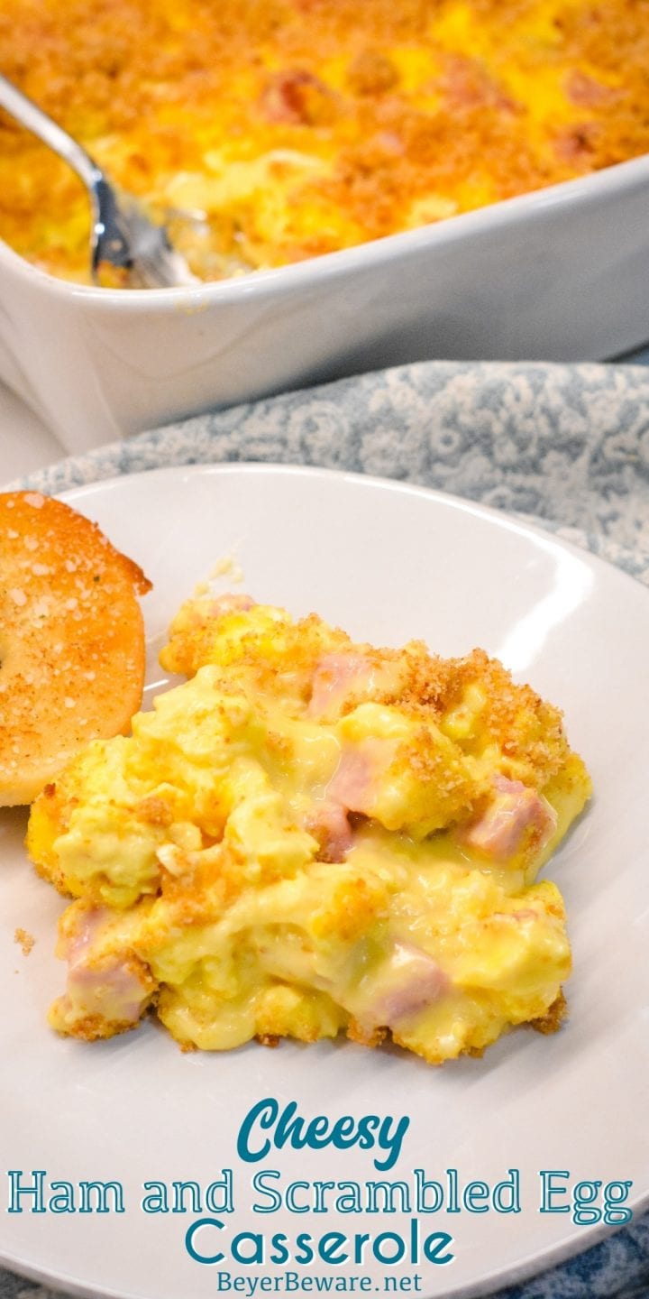 Cheesy ham and scrambled egg casserole recipe is a breadless egg and ham bake made the night before with scrambled eggs and a velvety cheese sauce and a bread crumb topping. This is a great recipe for Easter or Christmas Breakfast morning.