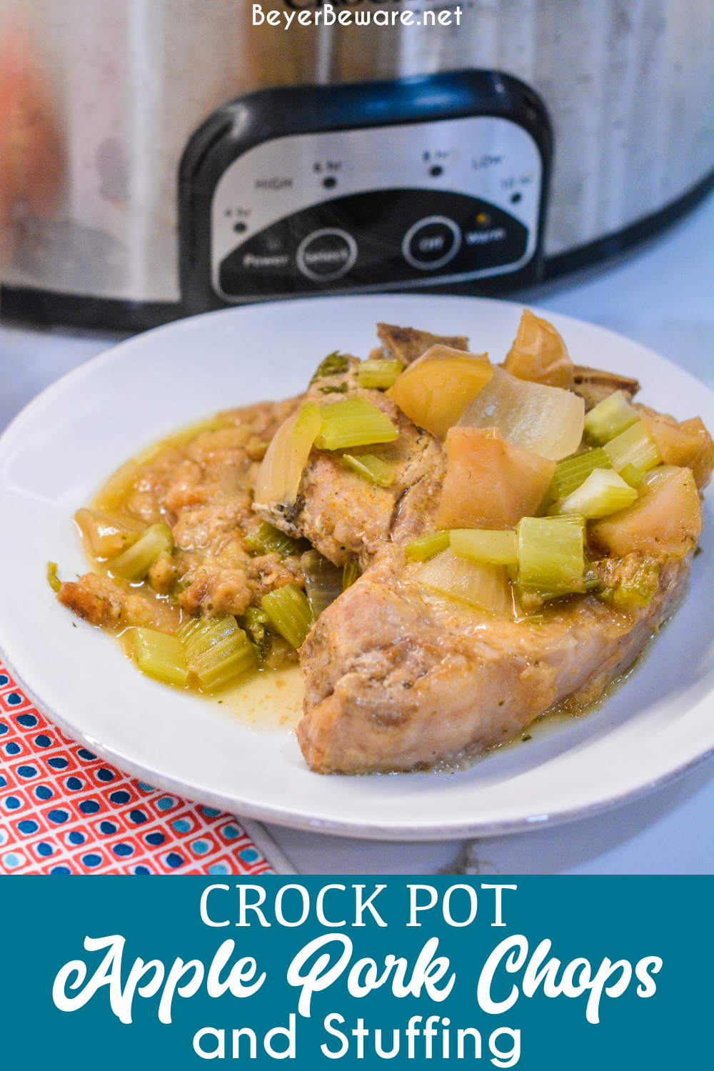Crock pot apple pork chops is a flavorful crock pot pork chop recipe with lots of apples, onions, celery and cornbread stuffing.