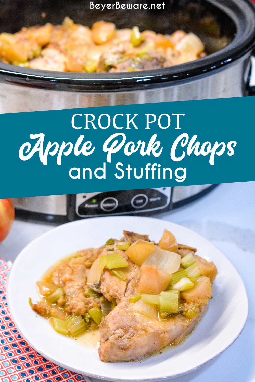 Crock pot apple pork chops is a flavorful crock pot pork chop recipe with lots of apples, onions, celery and cornbread stuffing.