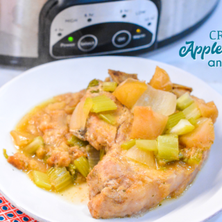 Crock pot apple pork chops is a flavorful crock pot pork chop recipe with lots of apples, onions, celery and cornbread stuffing.