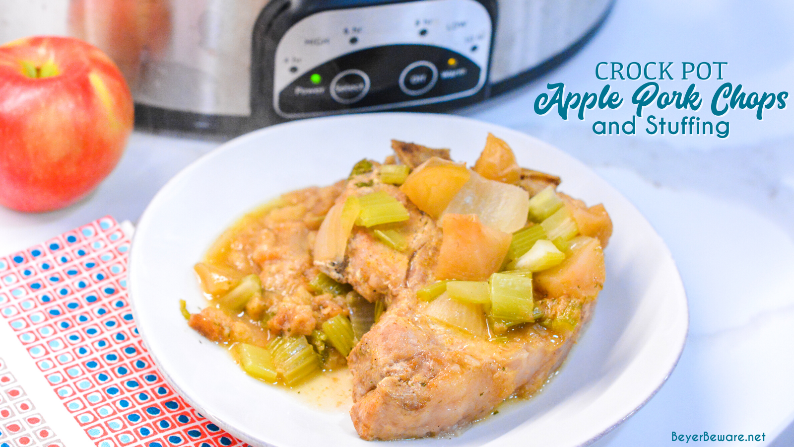 Crock pot apple pork chops is a flavorful crock pot pork chop recipe with lots of apples, onions, celery and cornbread stuffing.