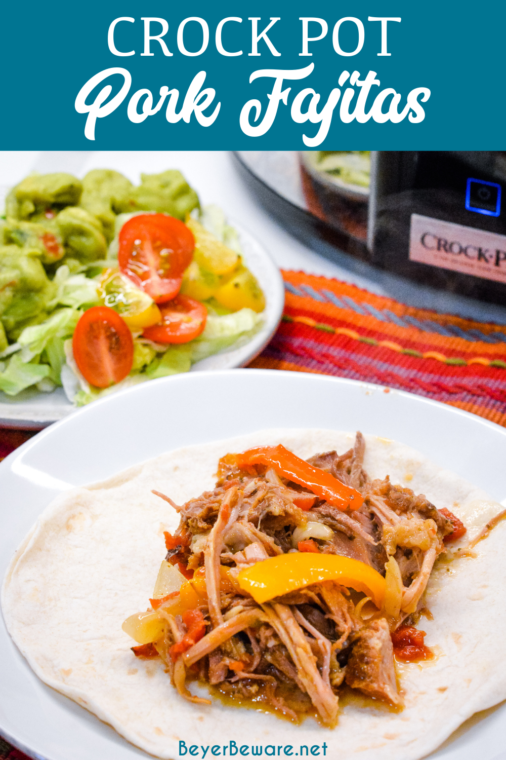 Crock Pot Pork Fajitas recipe is easy to make in a slow cooker along with a pork loin roast, can of Rotel, fajita seasonings, onions and peppers slow cooked all day for an easy weeknight dinner or Taco Tuesday.