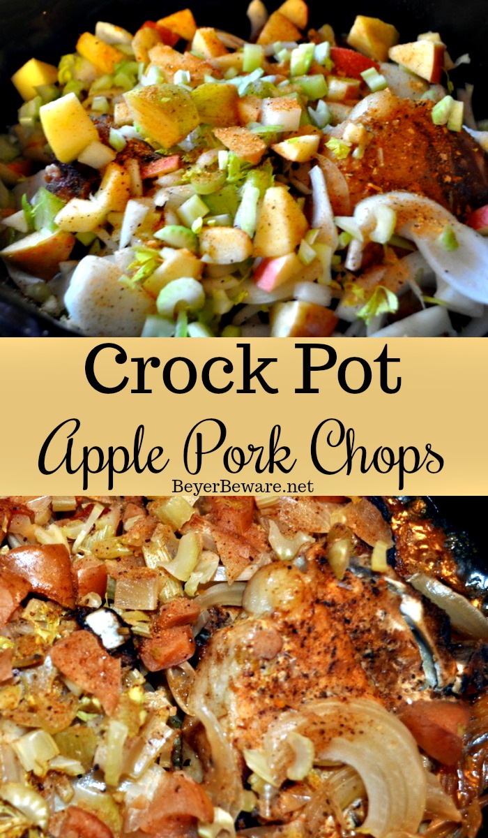 Crock pot apple pork chops is a flavorful crock pot pork chop recipe with lots of apples, onions, celery and cornbread stuffing for a flavorful dinner.