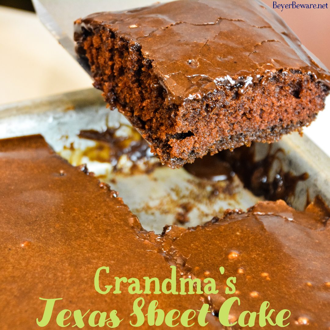 Grandma's Texas Sheet Cake is a tried and true chocolate sheet cake recipe with all the cocoa and butter in the recipe to make it so outrageously delicious.