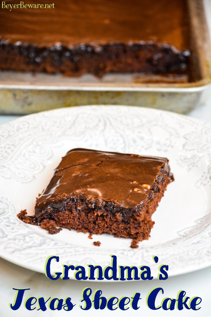 Grandma's Texas Sheet Cake is a tried and true chocolate sheet cake recipe with all the cocoa and butter in the recipe to make it so outrageously delicious.