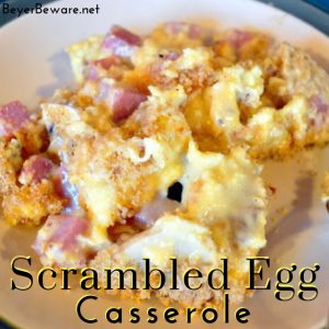 This simple scrambled egg casserole is a creamy, cheesy egg casserole for a change from a traditional bread or potato breakfast casserole recipe.
