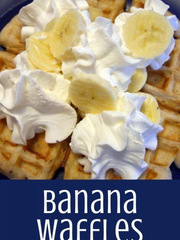 Banana Waffles are a semi-homemade waffle recipe made with a regular pancake mix and banana puree and topped off with whipped cream or maple syrup.