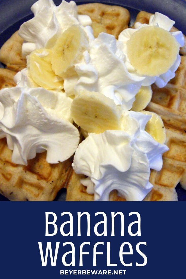 Banana Waffles are a semi-homemade waffle recipe made with a regular pancake mix and banana puree and topped off with whipped cream or maple syrup.