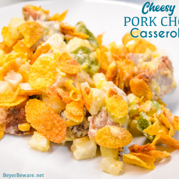 Cheesy pork chop casserole is the perfect way to use leftover pork chops hide veggies and beans in this hash brown and pork chop recipe.