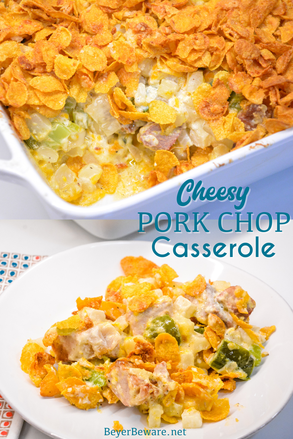 Cheesy pork chop casserole is the perfect way to use leftover pork chops hide veggies and beans in this hash brown and pork chop recipe.