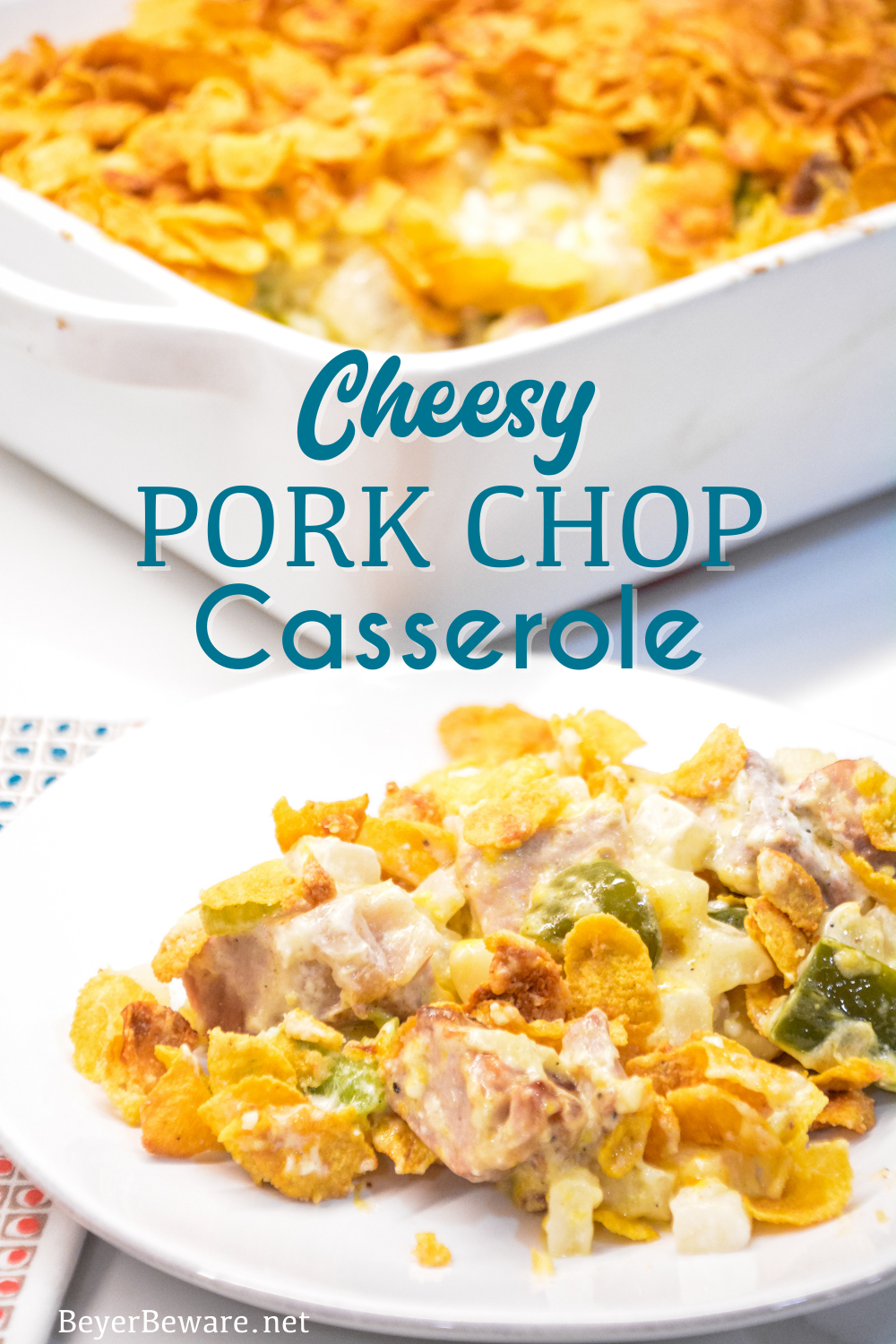 Cheesy pork chop casserole is the perfect way to use leftover pork chops and is a great recipe to sneak extra veggies and beans in your kid's diets.