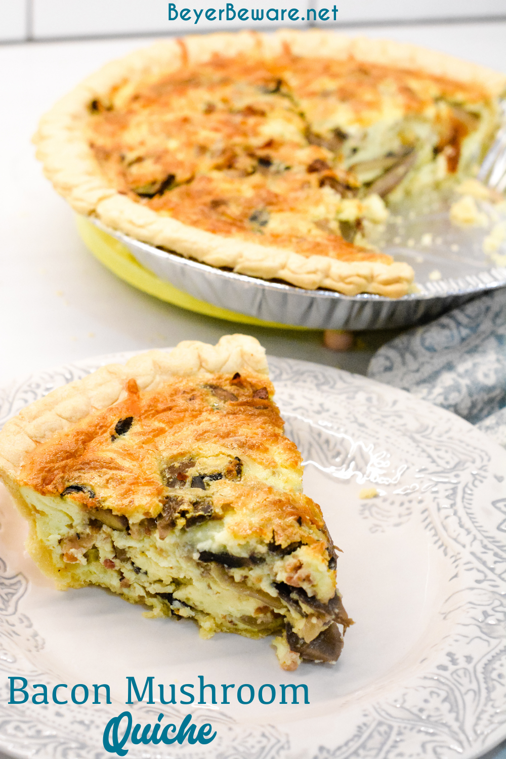 Bacon and mushroom quiche is an easy quiche recipe filled with crispy fried bacon pieces, hearty mushrooms, and lots of cheese.