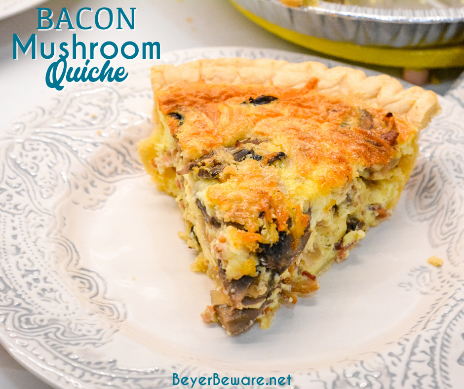 Bacon and mushroom quiche is an easy quiche recipe filled with crispy fried bacon pieces, hearty mushrooms, and lots of cheese.