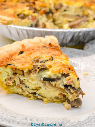 Bacon and mushroom quiche is an easy quiche recipe filled with crispy fried bacon pieces, hearty mushrooms, and lots of cheese.