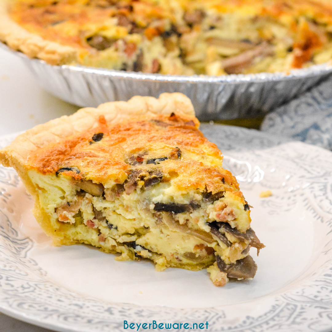 Bacon and mushroom quiche is an easy quiche recipe filled with crispy fried bacon pieces, hearty mushrooms, and lots of cheese.