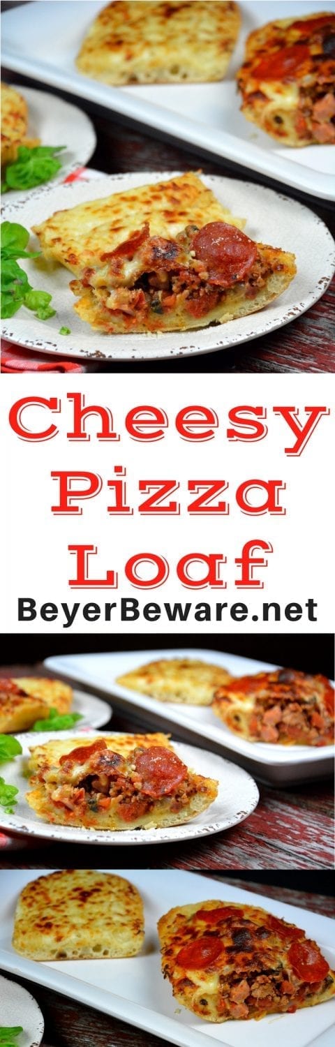 A big loaf of Italian bread is the perfect crust for cheesy pizza loaf. Combine all of your favorite pizza toppings with sauce and put into a hollowed out half and top with lots of cheese for a quick deep dish pizza. #Pizza #PizzaLoaf #Cheese