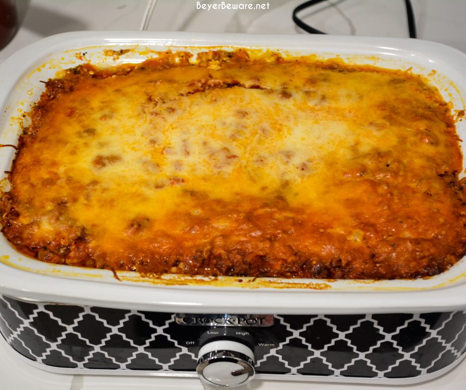 Crock pot lasagna is an easy lasagna recipe using no-boil or regular lasagna noodles that can slow cook in your casserole crock pot all day long.