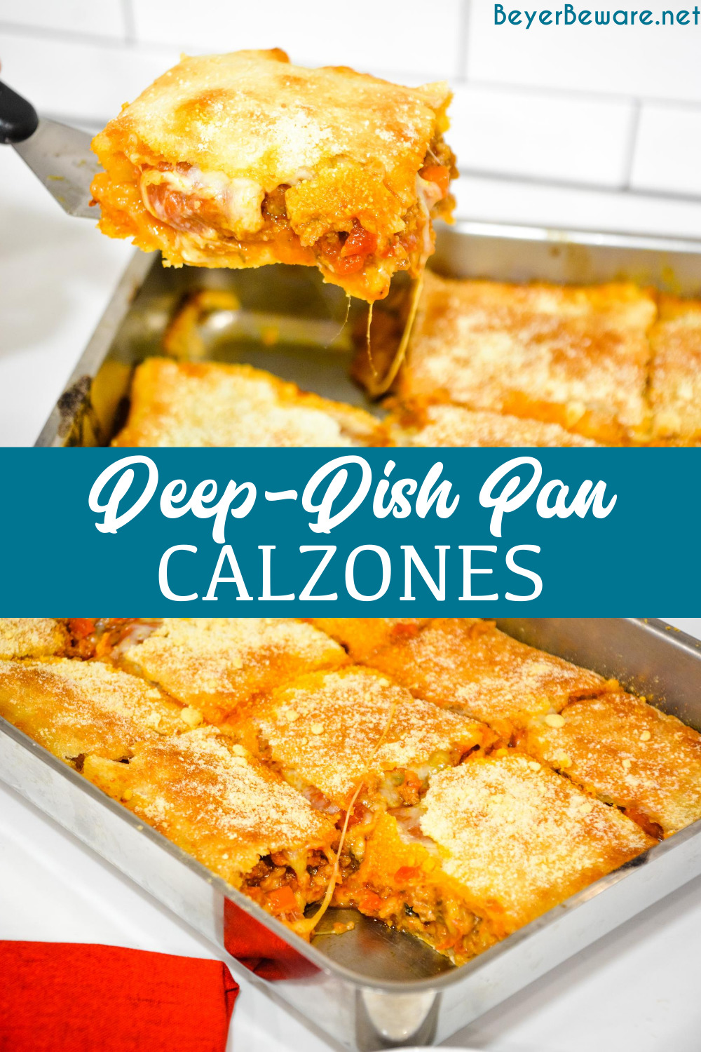 Deep-Dish Pan Calzones are a stuffed pizza recipe using a large thin pizza dough that literally wraps your favorite pizza toppings in dough in a 13x9 pan.