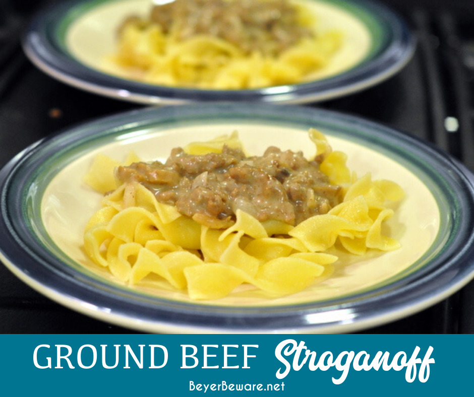 Ground beef stroganoff is a quick weeknight meal that uses ground beef combined with onions, mushrooms, cream of mushroom, and sour cream then served over noodles and rice.