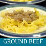 Ground beef stroganoff is a quick weeknight meal that uses ground beef combined with onions, mushrooms, cream of mushroom, and sour cream then served over noodles and rice.