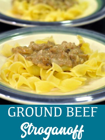 Ground beef stroganoff is a quick weeknight meal that uses ground beef combined with onions, mushrooms, cream of mushroom, and sour cream then served over noodles and rice.