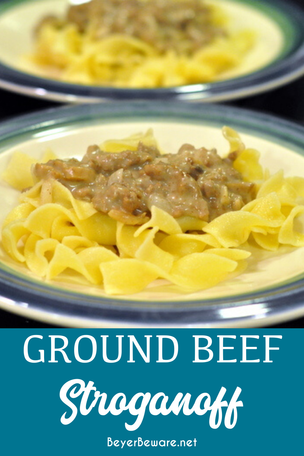 Ground beef stroganoff is a quick weeknight meal that uses ground beef combined with onions, mushrooms, cream of mushroom, and sour cream then served over noodles and rice.