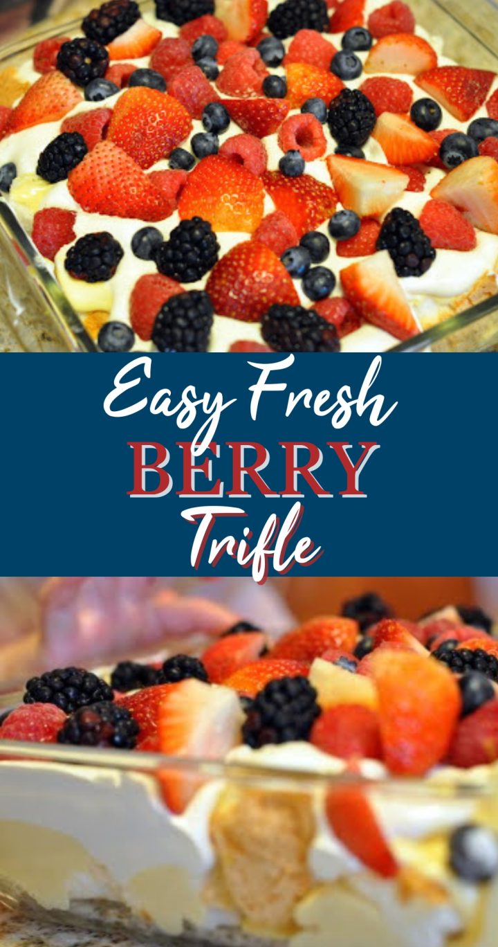 This easy fresh strawberry berry trifle with angel food cake recipe just combines angel food cake, vanilla pudding & Cool Whip topped with fresh berries to make a light red, white, and blue summer dessert.
