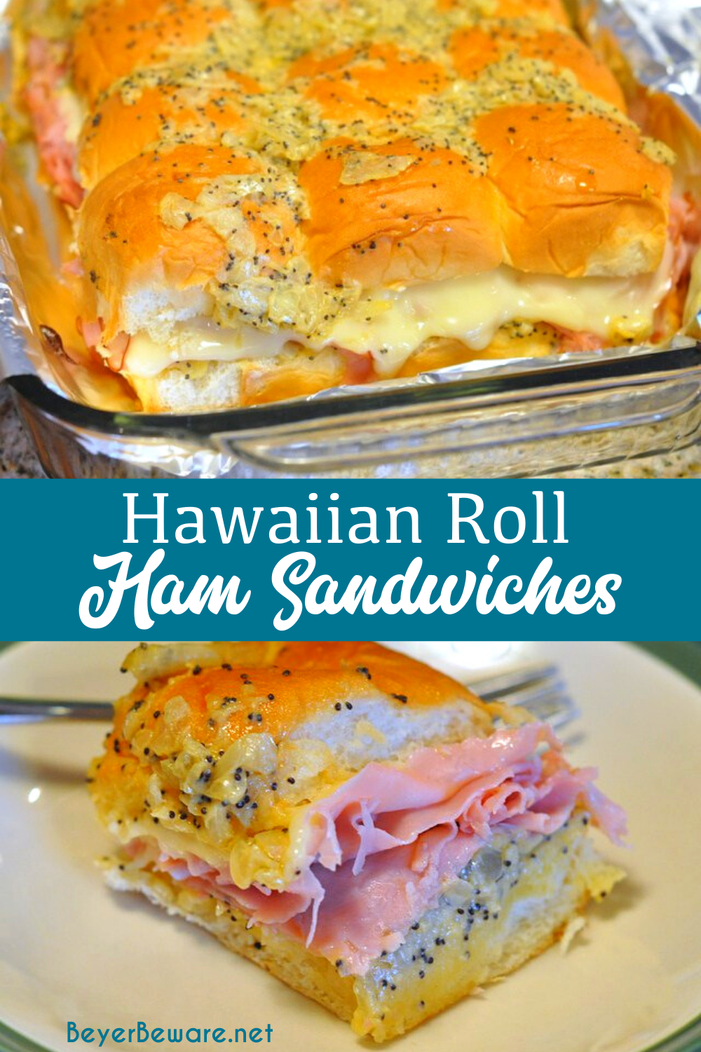 12 Hawaiian sweet rolls 1 onion minced or grated with food chopper 1 stick butter 3 tablespoons Dijon Mustard 2 teaspoons Worcestershire sauce 3 teaspoons poppy seeds 1/2 pound deli ham 8 slices Swiss cheese