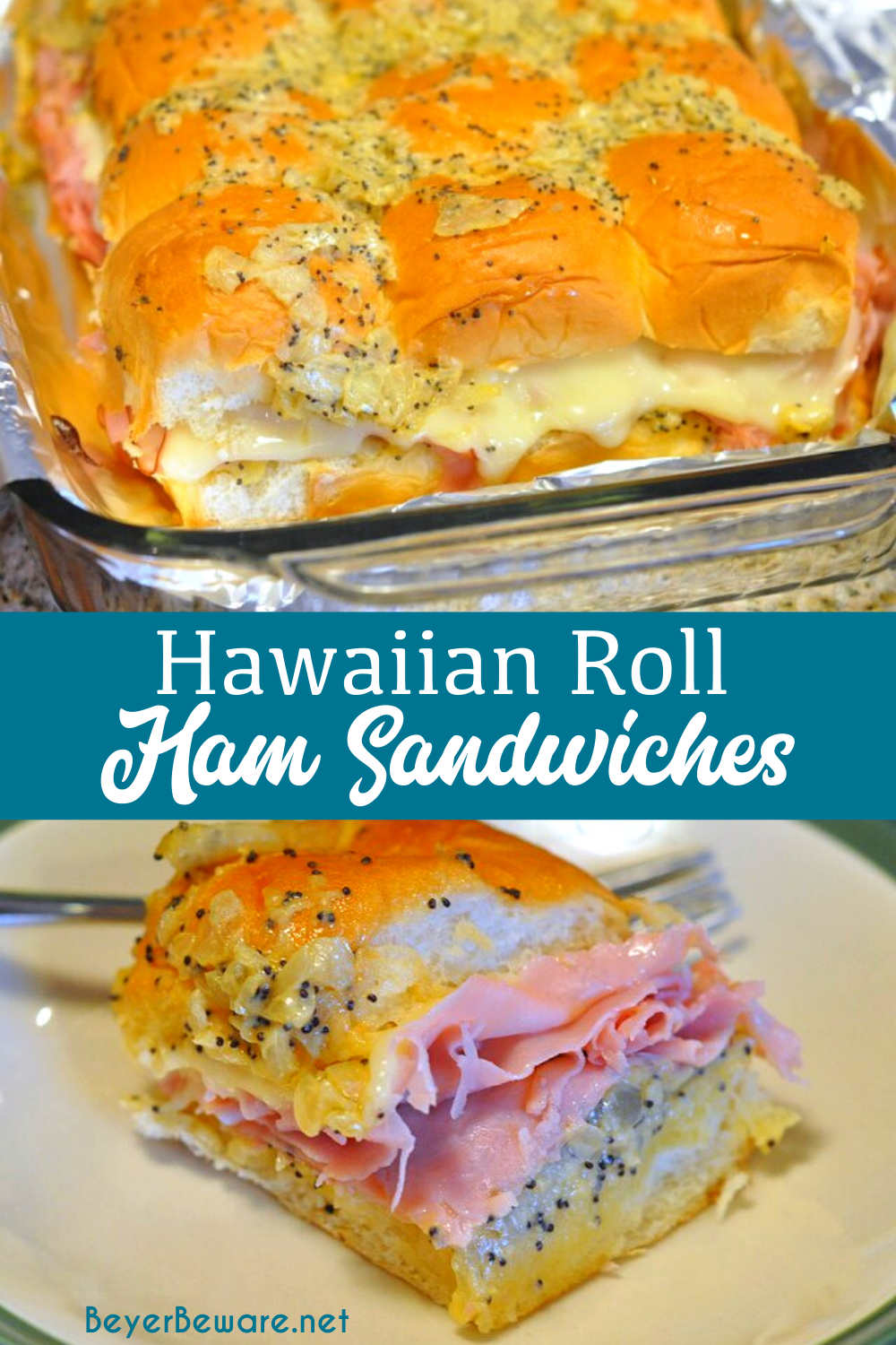 12 Hawaiian sweet rolls 1 onion minced or grated with food chopper 1 stick butter 3 tablespoons Dijon Mustard 2 teaspoons Worcestershire sauce 3 teaspoons poppy seeds ½ pound deli ham 8 slices Swiss cheese