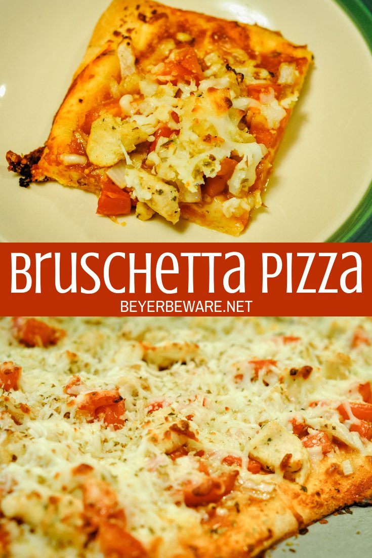 Bruschetta Pizza with chicken is now a summer flatbread favorite with the fresh tomatoes, onions, and herbs combined with lots of Italian cheeses and grilled chicken. #Flatbread #Pizza #Bruschetta #easyrecipes #Recipes