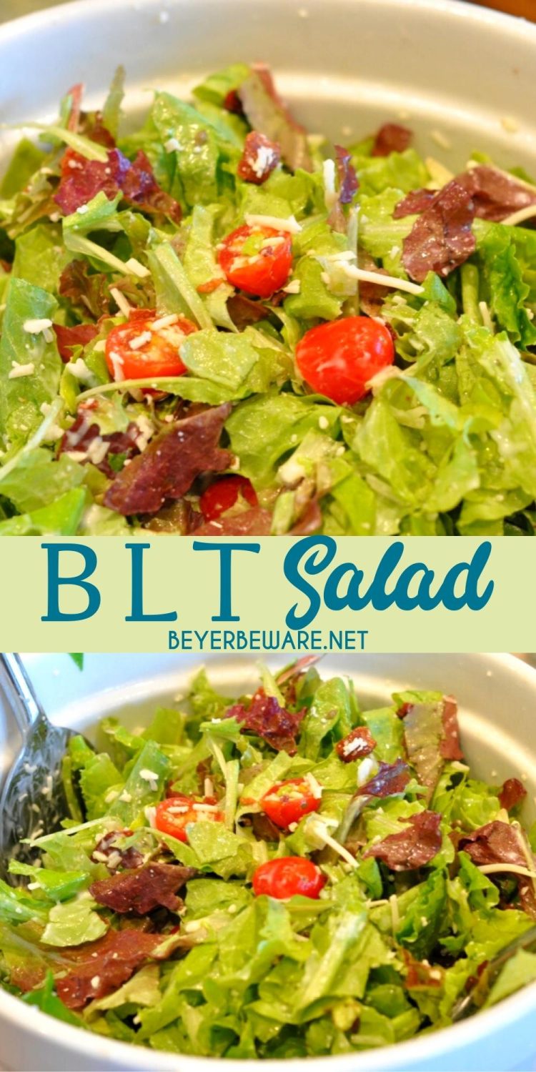 BLT salad is a simple salad recipe combining lettuce, tomatoes, bacon crumbles with a homemade creamy dressing and some shredded mozzarella cheese.