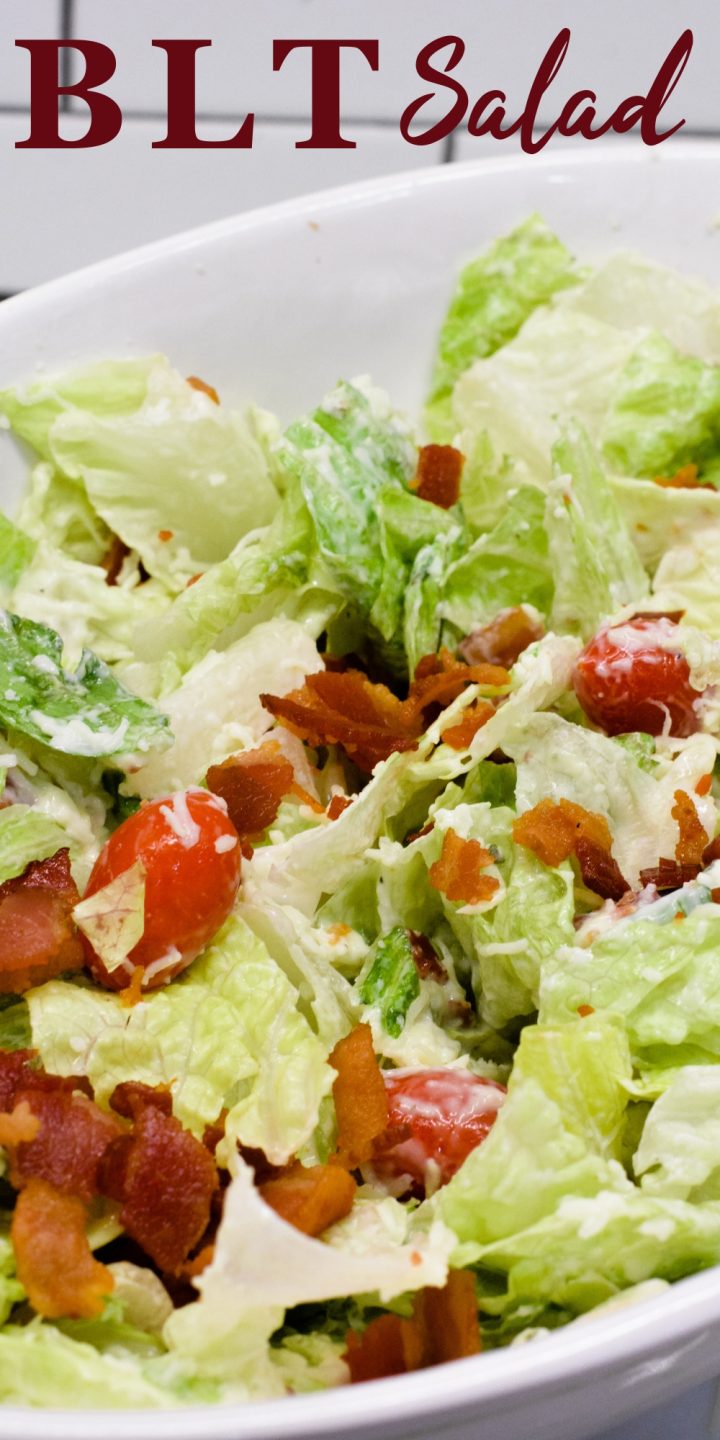 BLT salad is a simple salad recipe combining lettuce, tomatoes, mozzarella cheese, and bacon crumbles with a homemade creamy dressing that is a cross between ranch and caesar dressing.