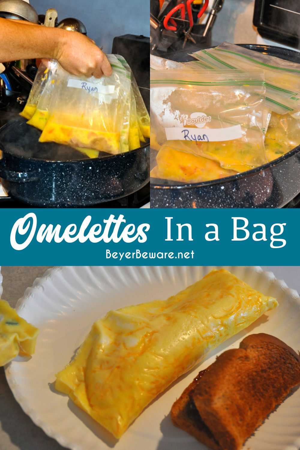Omelettes in a bag are perfect for camping or if have a group to feed breakfast to at home to make individualized requests for eggs, quickly.