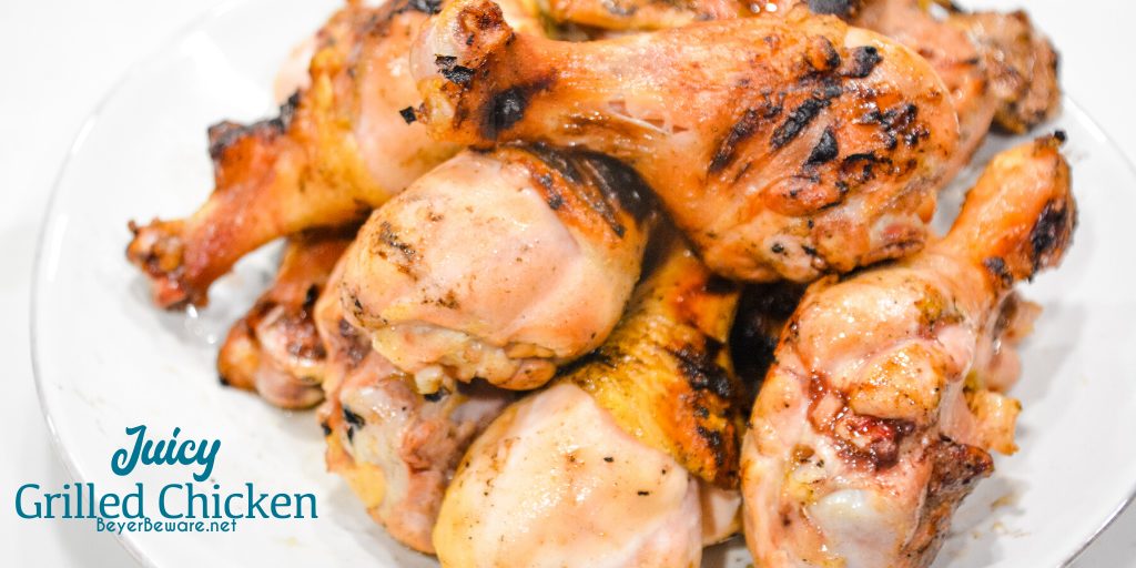 Juicy grilled BBQ chicken is easily done with this simple brine recipe and chicken seasoned with your favorite barbeque seasoning then grilled to perfection.