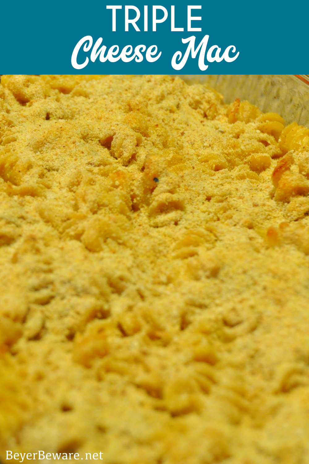 Triple cheese mac is a baked mac and cheese recipe made with three kinds of cheese - cheddar, American, and Parmesan - then topped with breadcrumbs and baked to a bubbly 3-cheese mac and cheese.