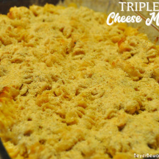 Triple cheese mac is a baked mac and cheese recipe made with three kinds of cheese - cheddar, American, and Parmesan - then topped with breadcrumbs and baked to a bubbly 3-cheese mac and cheese.