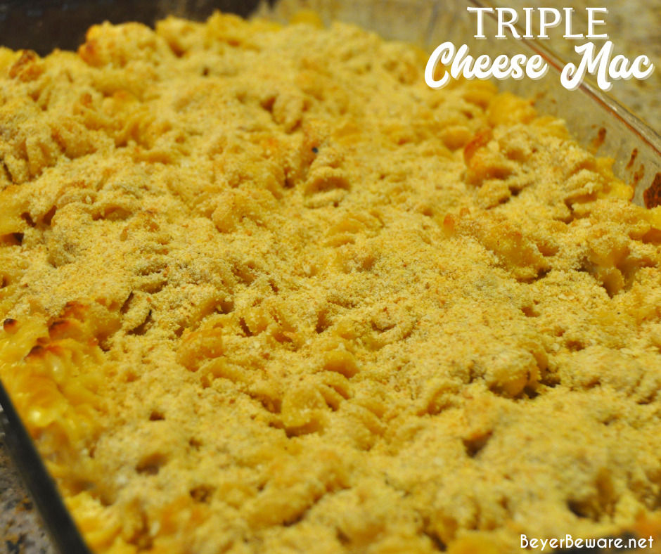 Triple cheese mac is a baked mac and cheese recipe made with three kinds of cheese - cheddar, American, and Parmesan - then topped with breadcrumbs and baked to a bubbly 3-cheese mac and cheese.