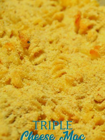 Triple cheese mac is a baked mac and cheese recipe made with three kinds of cheese - cheddar, American, and Parmesan - then topped with breadcrumbs and baked to a bubbly 3-cheese mac and cheese.
