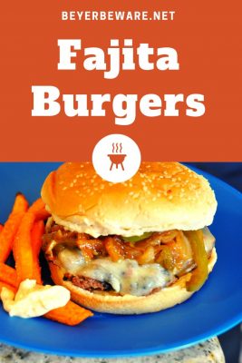 Fajita Burgers are perfect for Mexican food lovers made by mixing fajita seasoning into ground beef patties and topping with cheese, onions and peppers. #burgers #Tacos #MexicanFood #Grilling #Beef