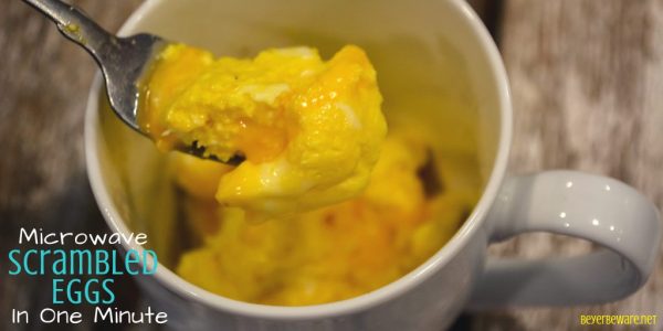 Microwave scrambled eggs in 1 minute is a perfect protein based breakfast for people needing a breakfast quick and on-the-go. Drop the eggs in a coffee mug and cook them in the mug to take with you when you leave to eat on the run.